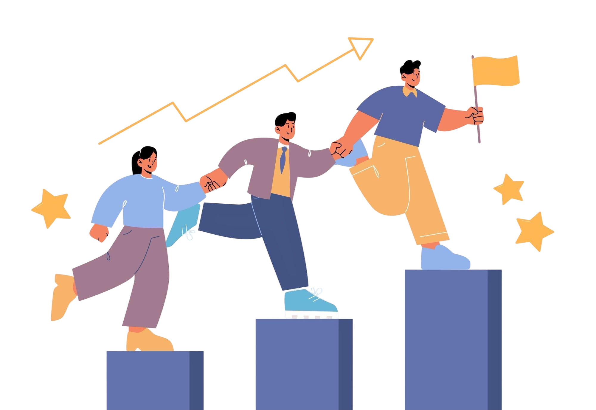 Équipe soudée en train de monter les marches de la victoire