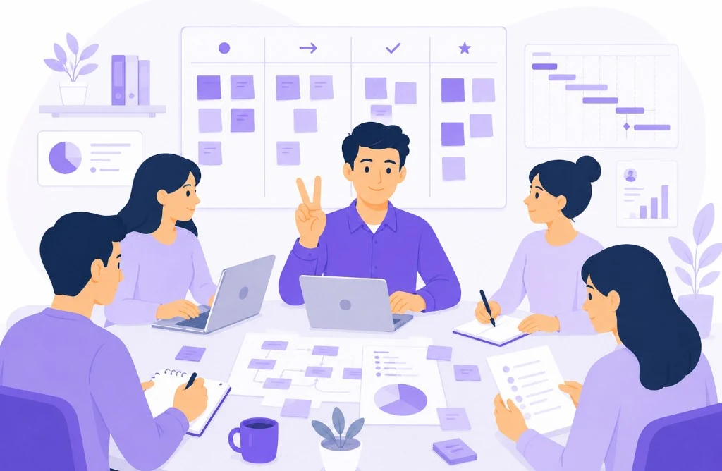 Équipe collaborant autour d'un projet (gestion de projet en 2 semaines)