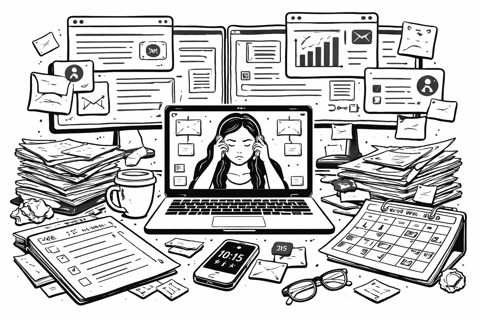 Bureau de travail trop fourni (agendas remplis, piles de papier, téléphone, alertes sur le pc... etc.)