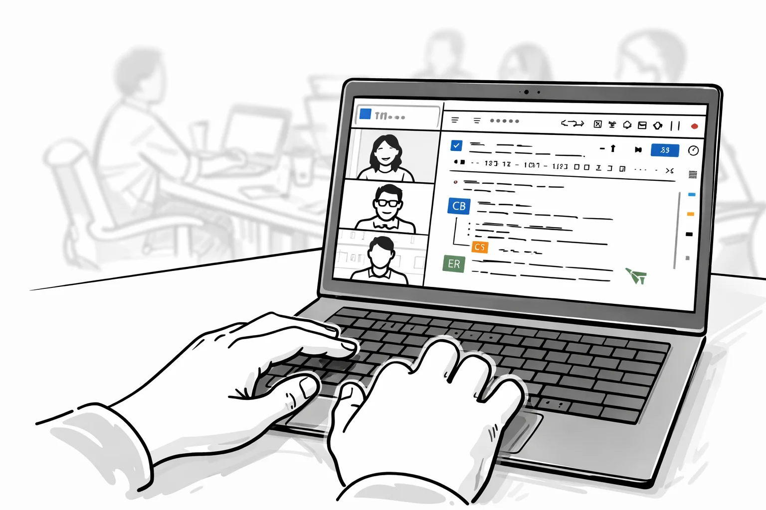 Un chef de projet faisant de la prise de note en direct pendant une réunion en visio