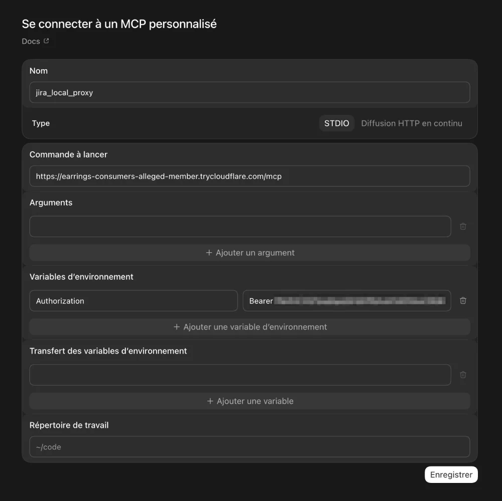 Capture d'écran du paramétrage de ChatGPT avec l'url généré par cloudflare et le Bearer token
