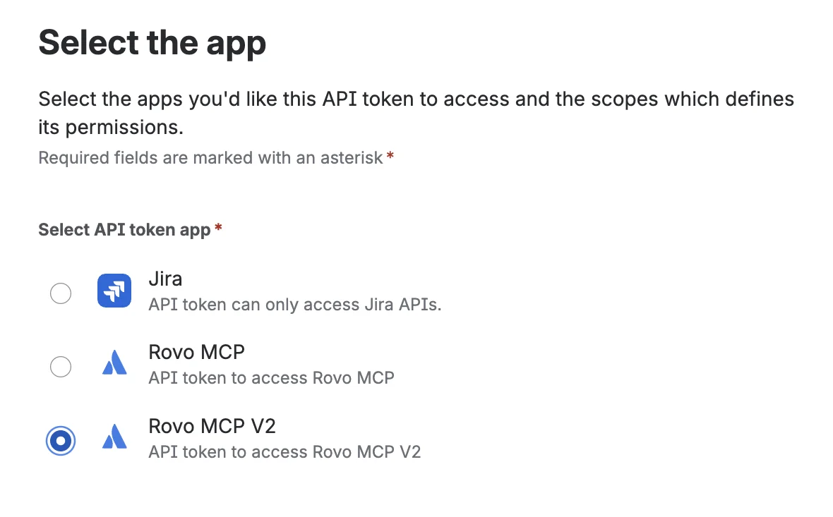 Capture d'écran de configuration du jeton d'accès depuis Atlassian. Ici on relie le token à l'app Rovo MCP V2