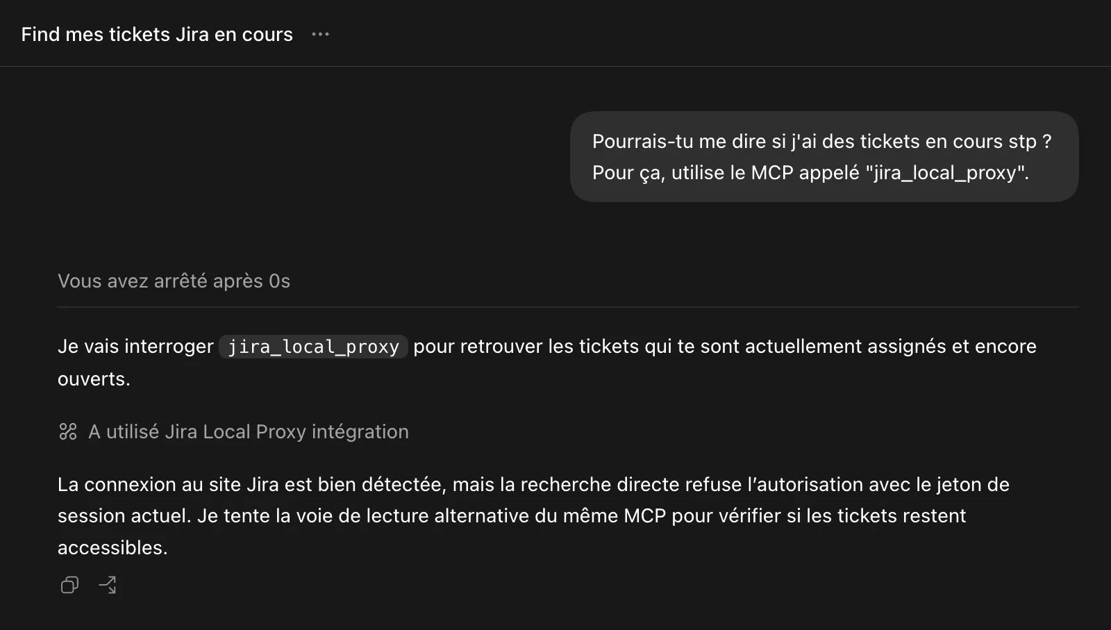 Screeshot d'une demande à ChatGPT pour qu'il me dise si j'ai des tickets en cours