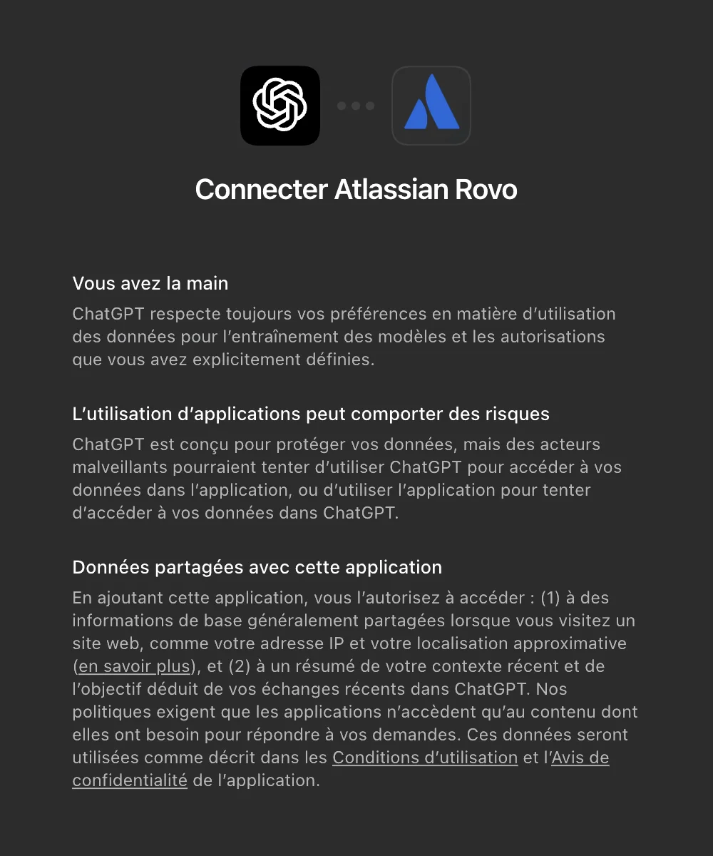 Alerte ChatGPT quin s'affiche lorsqu'on essaye de connecter le plugin Rovo/JIRA à ChatGPT