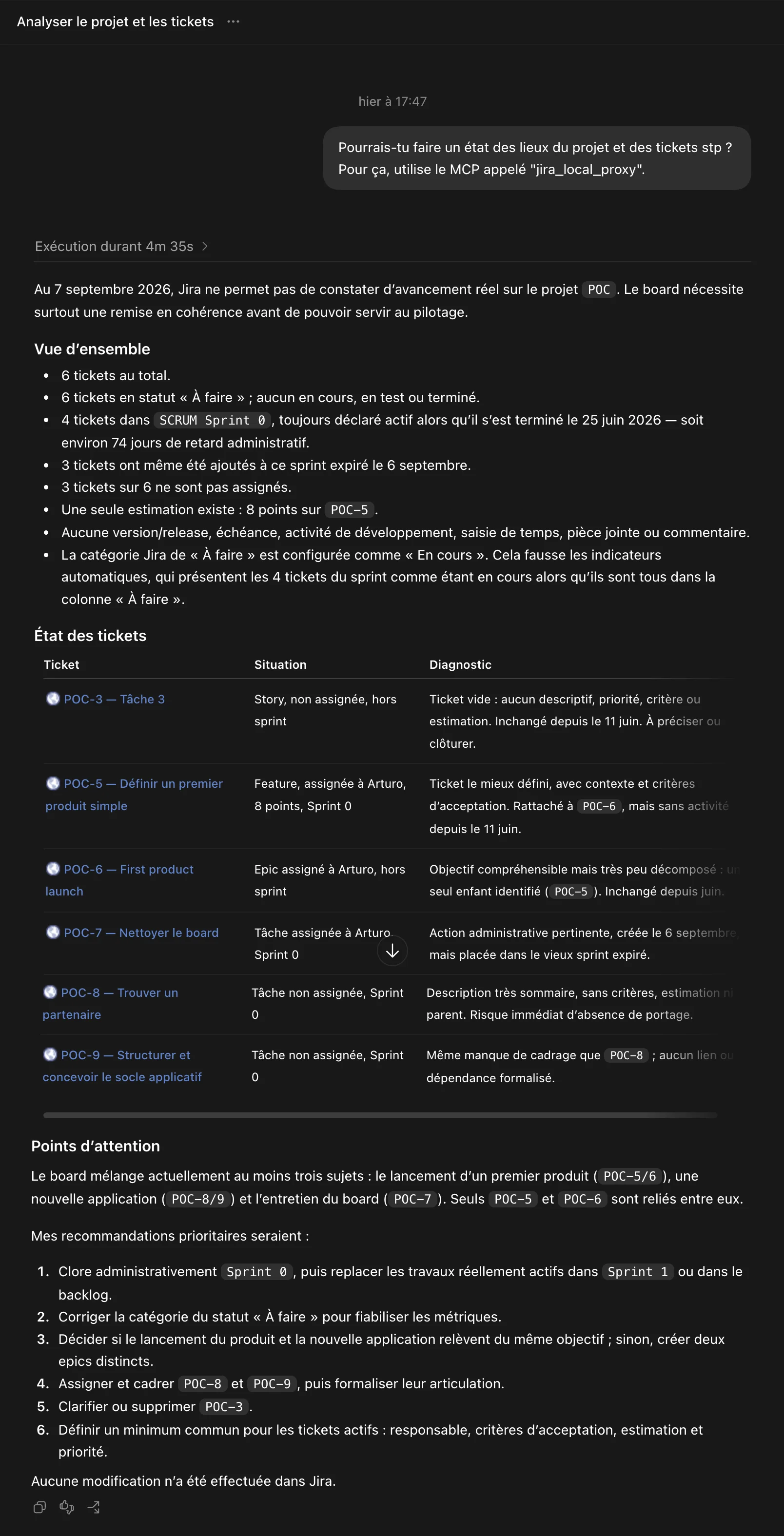 Résultat final et complet de chatGPT à la demande d'un récapitulatif sur les tickets JIRA