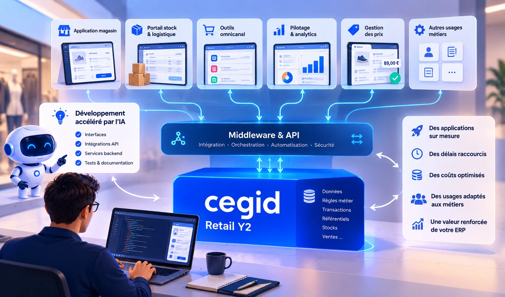 Cegid Y2 augmenté par une couche middleware servant d'orchestration pour se connecter à d'autres applications métier