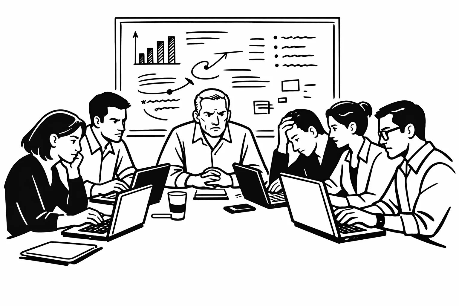 Réunion de travail dans laquelle tout le monde a l'air de s'ennuyer et s'énerver