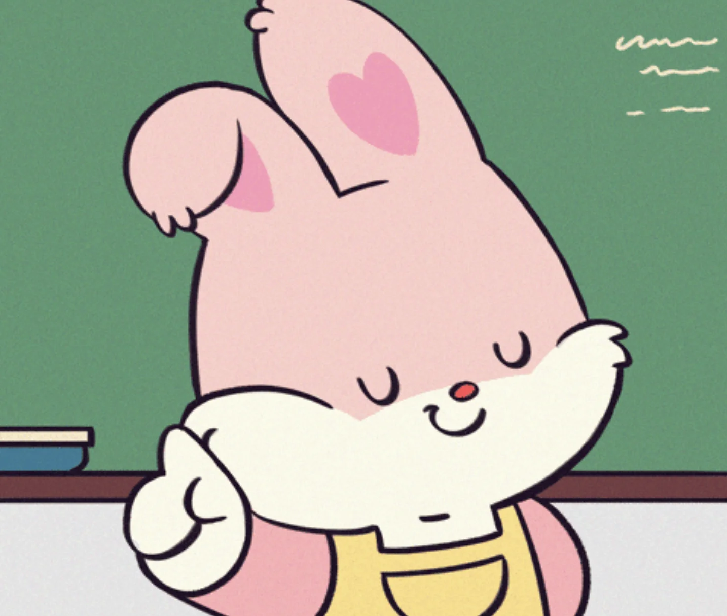Lapin rose en salle de classe qui dit non avec la patte