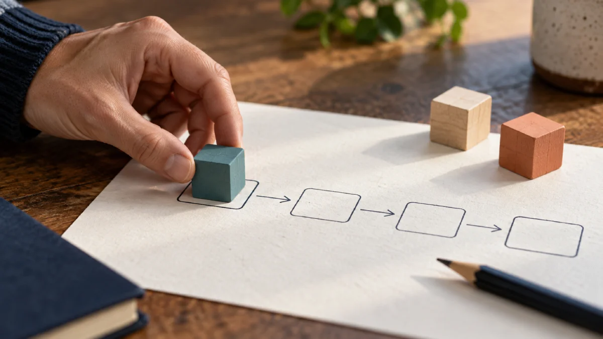 Main qui pose une première petite brique sur la première case d'un schéma de workflow à plusieurs étapes