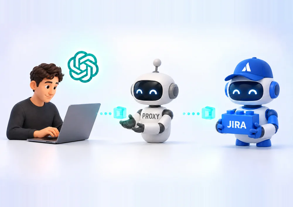 Une personne qui écrit à chat GPT à gauche, suivi d'un robot proxy qui récupère le message, suivi d'un robot Rovo qui récupère à son tour le message du robot proxy