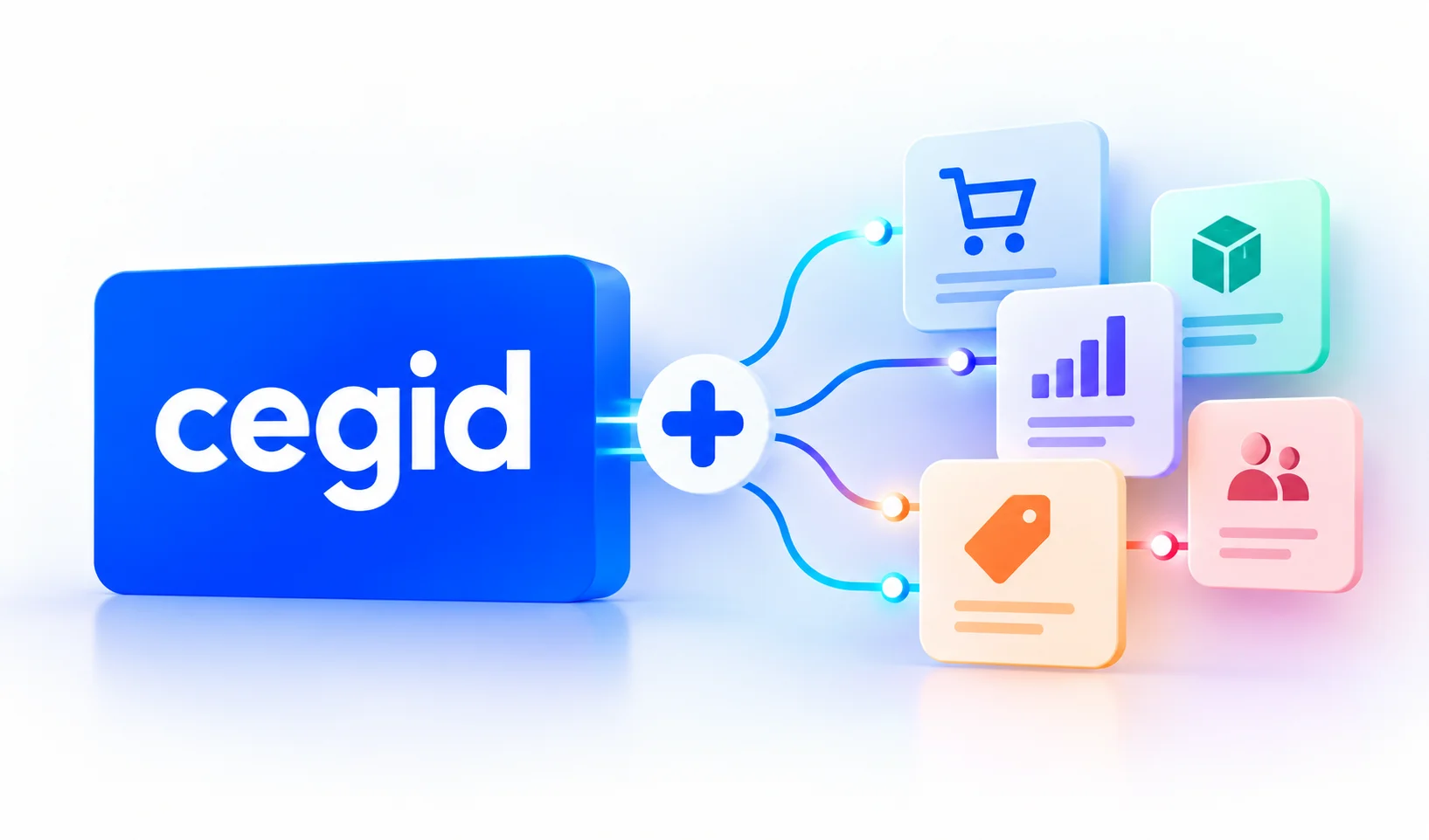 Logo Cegid interterconnecté avec des outils métier liés à l'e-commerce, la supply chain, les clients, la BI... etc.
