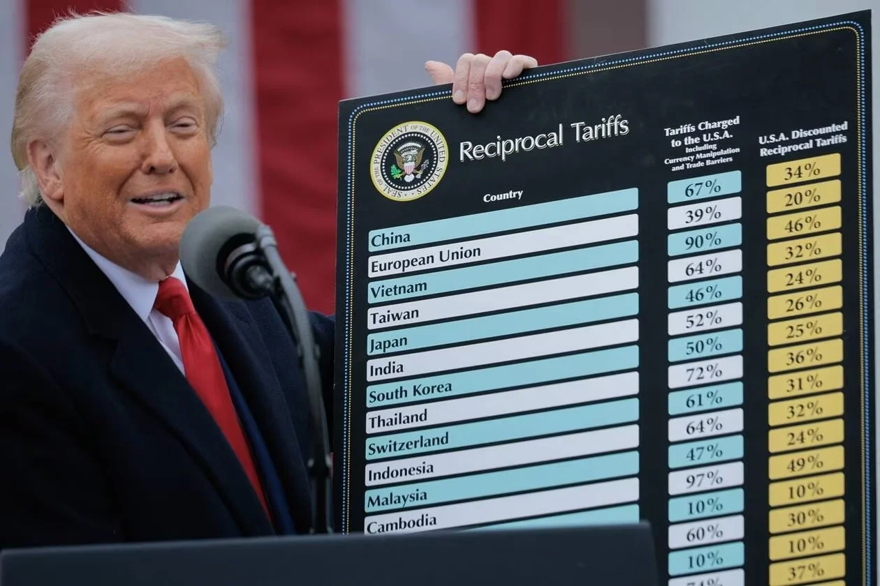 Photo de Donald Trump brandissant un tableau des nouvelles taxes douanières aux Etats-Unis