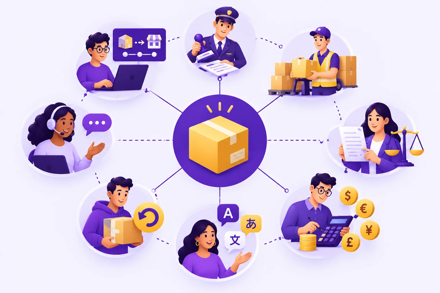 Un colis international au centre, entouré de tous les métiers concernés : douane, logistique, juridique, prix, traductions, retours, service client et flux IT