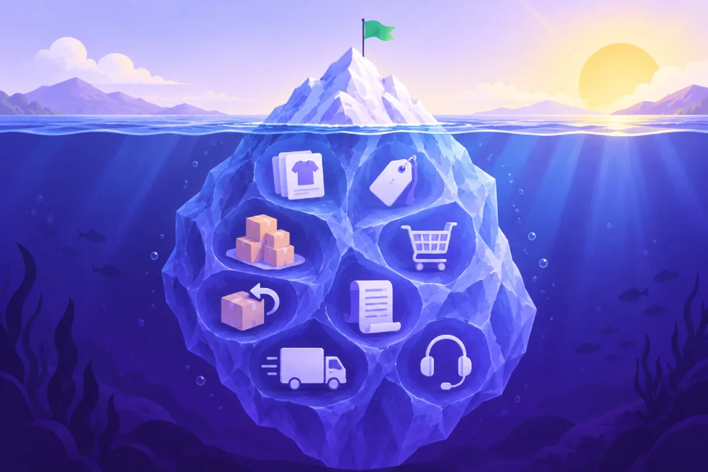 L'iceberg d'un projet marketplace : la mise en ligne émerge, catalogue, prix, stocks, commandes, retours, facturation, logistique et service client restent sous la surface